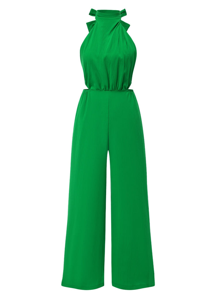1940s Solid Waist Cutout Halter Wide-Leg Jumpsuit - vintage jumpsuit, retro fashion