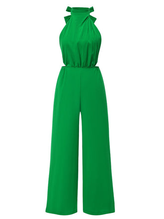 1940s Solid Waist Cutout Halter Wide-Leg Jumpsuit - vintage jumpsuit, retro fashion