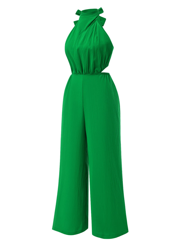 1940s Solid Waist Cutout Halter Wide-Leg Jumpsuit - vintage jumpsuit, retro fashion