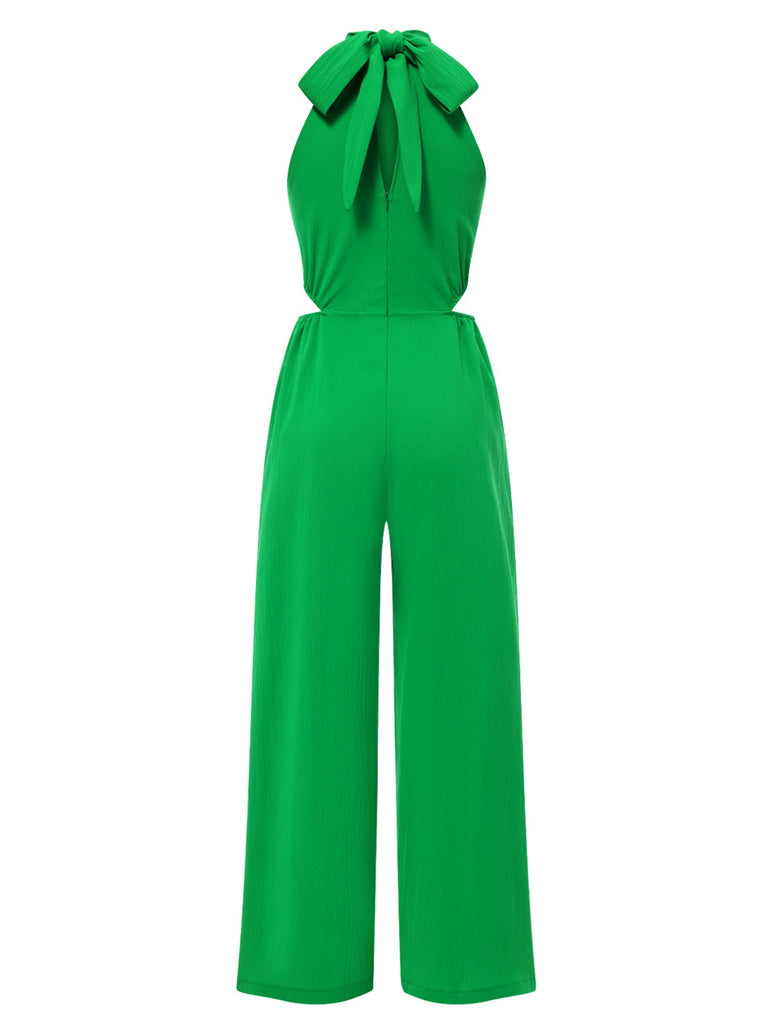 1940s Solid Waist Cutout Halter Wide-Leg Jumpsuit - vintage jumpsuit, retro fashion