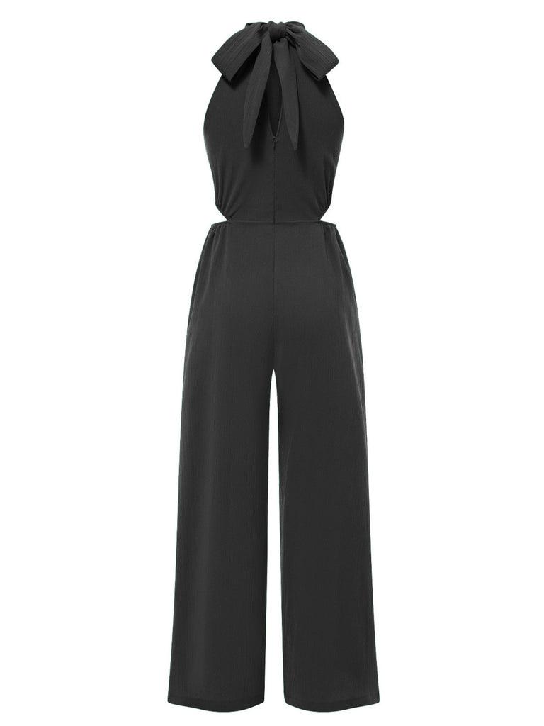 1940s Solid Waist Cutout Halter Wide-Leg Jumpsuit - vintage jumpsuit, retro fashion
