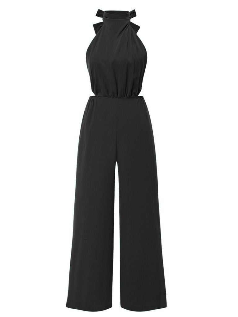 1940s Solid Waist Cutout Halter Wide-Leg Jumpsuit - vintage jumpsuit, retro fashion