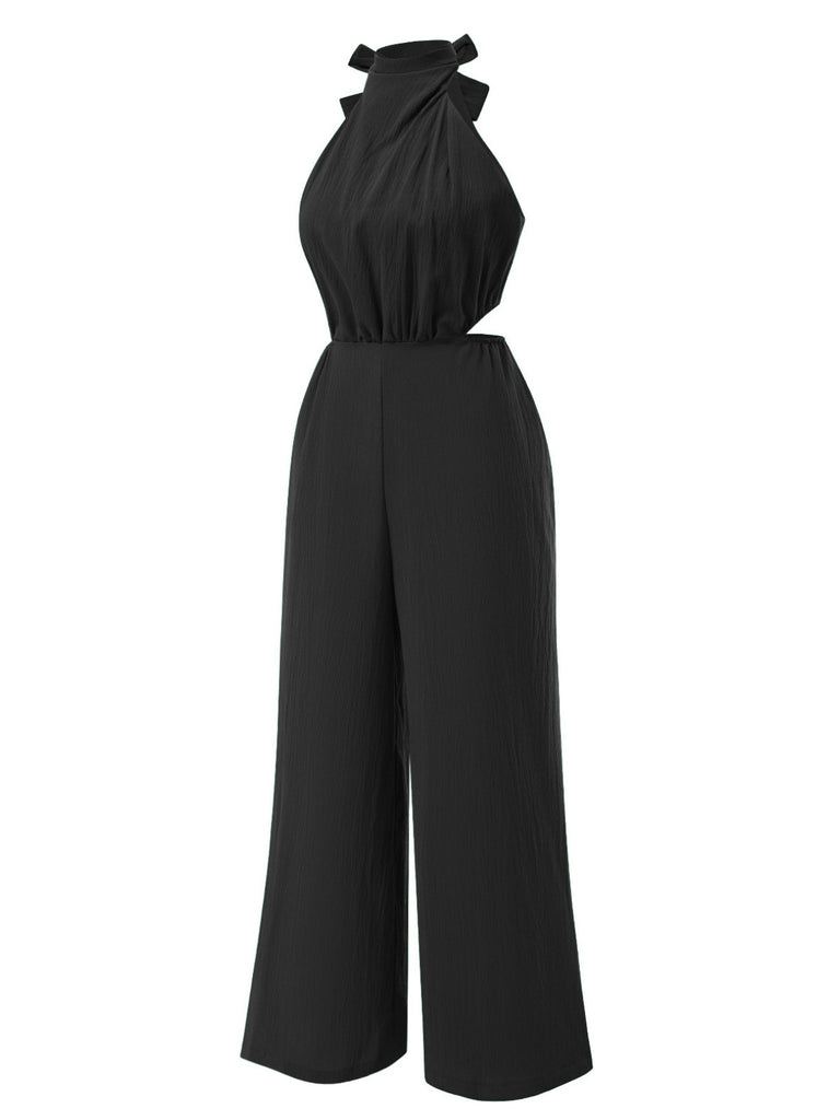 1940s Solid Waist Cutout Halter Wide-Leg Jumpsuit - vintage jumpsuit, retro fashion