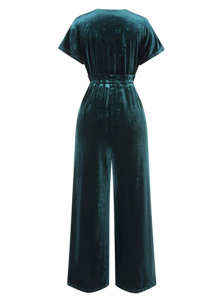 1940s Solid Waist Tie V-Neck Velvet Jumpsuit | Retro Stage