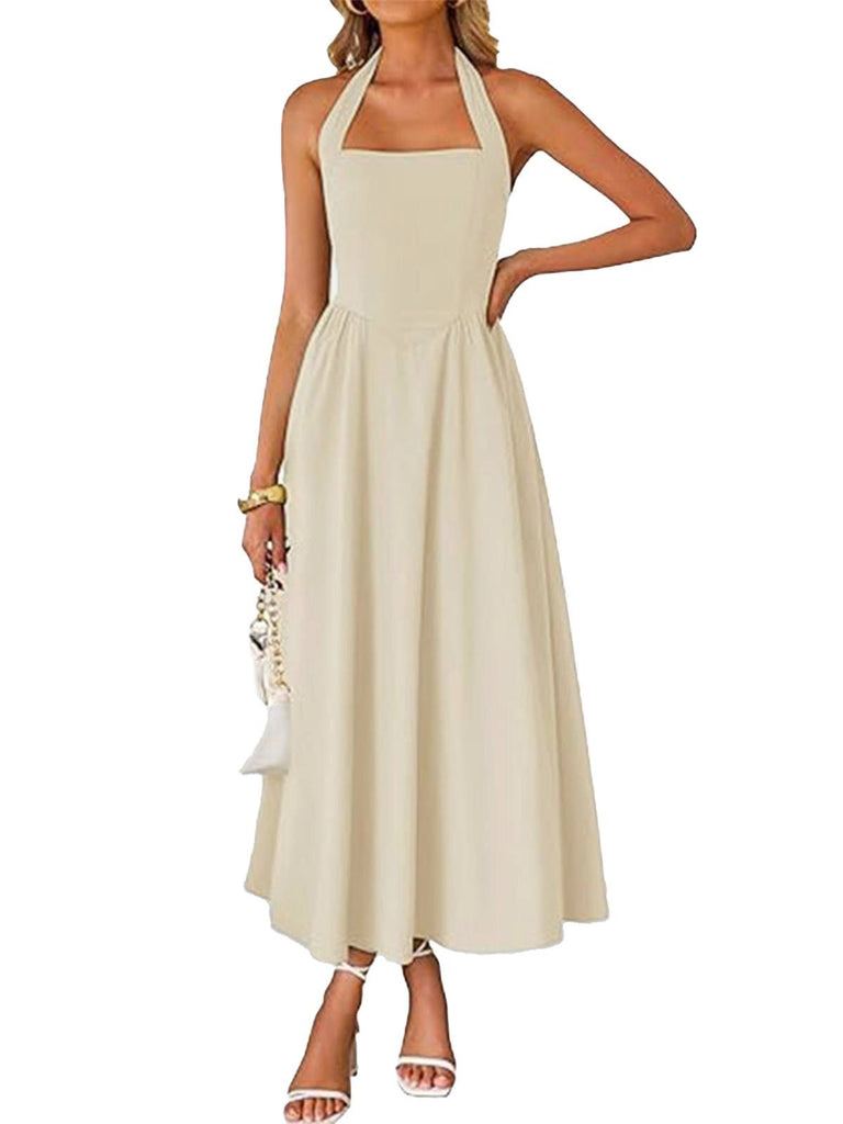 blue dress for baby girl 1940s Solid Wide-Strap Halter Backless Dress