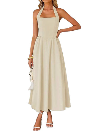 1940s Solid Wide-Strap Halter Backless Dress - vintage dress, retro fashion