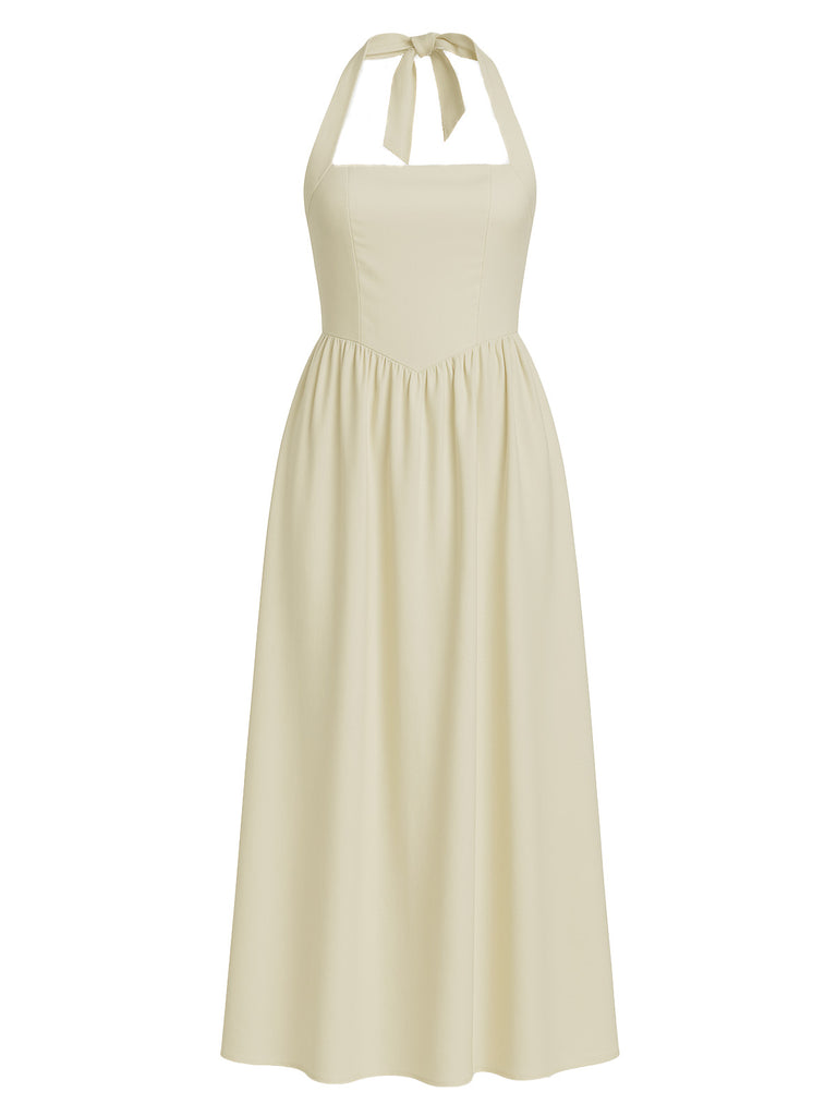1940s Solid Wide-Strap Halter Backless Dress - vintage dress, retro fashion