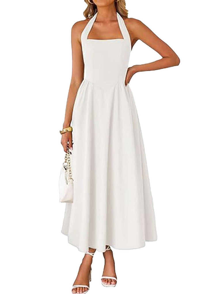 1940s Solid Wide-Strap Halter Backless Dress 1940s Solid Wide-Strap Halter Backless Dress