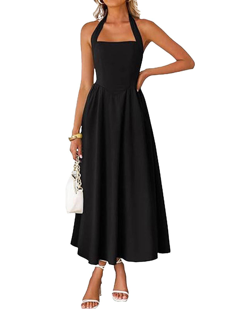 1940s Solid Wide-Strap Halter Backless Dress - vintage dress, retro fashion