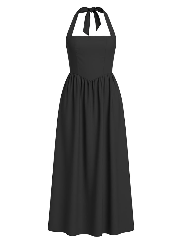 1940s Solid Wide-Strap Halter Backless Dress | Retro Stage 1940s Solid Wide-Strap Halter Backless Dress | Retro Stage