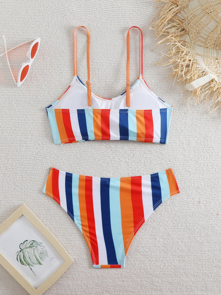 1940s Spaghetti Strap Bow Contrast Stripes Bikini — 1940s poolside glamour meets sun-drenched confidence