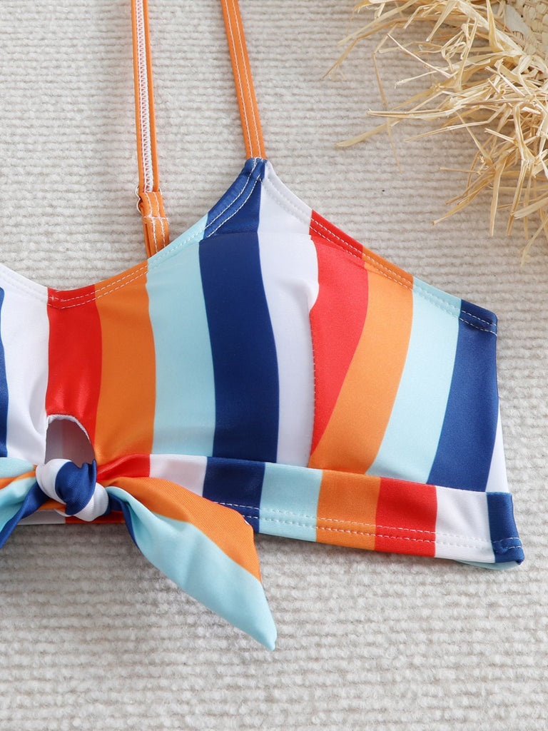 She's wearing 1940s Spaghetti Strap Bow Contrast Stripes Bikini and the whole beach remembers the 1940s