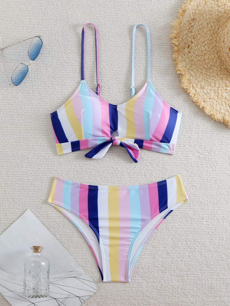 1940s Spaghetti Strap Bow Contrast Stripes Bikini — because 1940s glamour never goes out of style