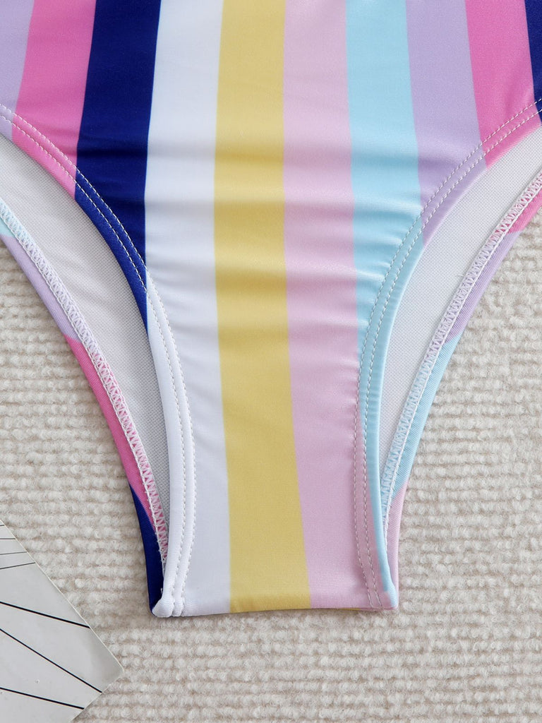 She's wearing 1940s Spaghetti Strap Bow Contrast Stripes Bikini and the whole beach remembers the 1940s