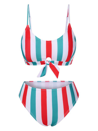 She's wearing 1940s Spaghetti Strap Bow Contrast Stripes Bikini and the whole beach remembers the 1940s