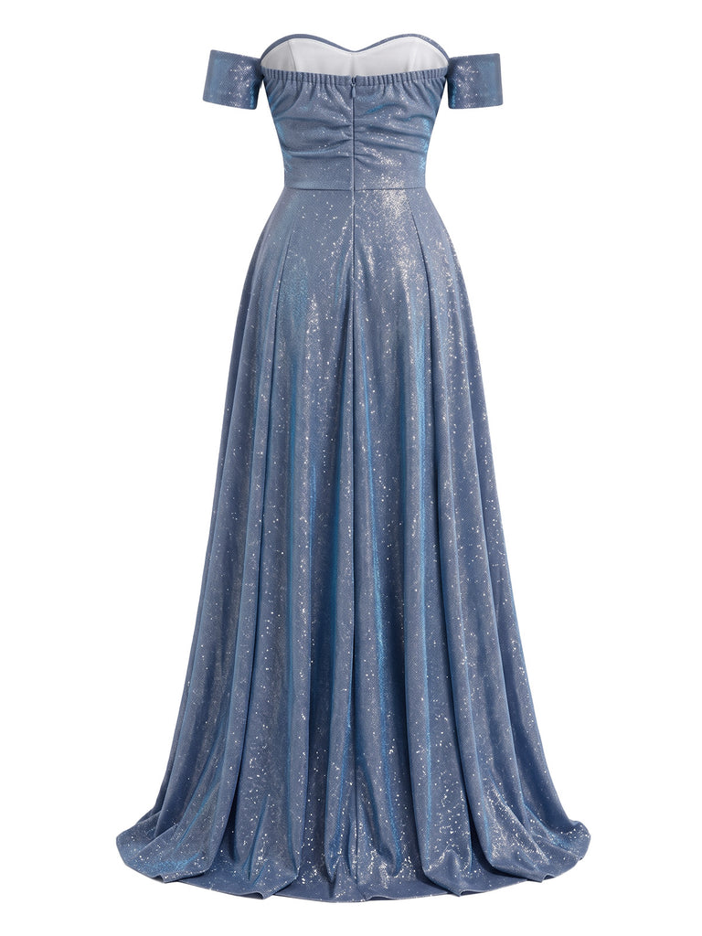 1940s Sparkle Off Shoulder Sweetheart Maxi Dress