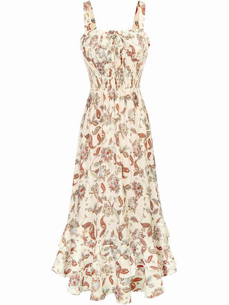 1940s Square Neck Irregular Floral Pleated Dress - vintage dress, retro fashion