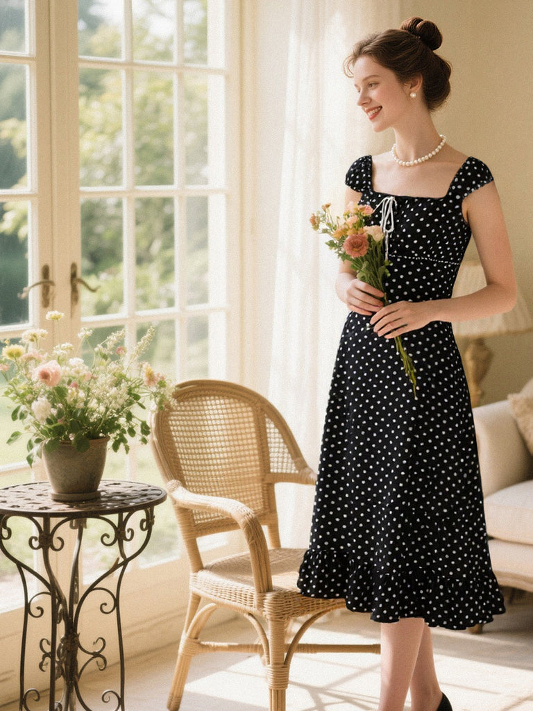 polka dot vintage dress Retro Stage Elegant Square Neck Polka Dot Ruffle Midi Dress Black