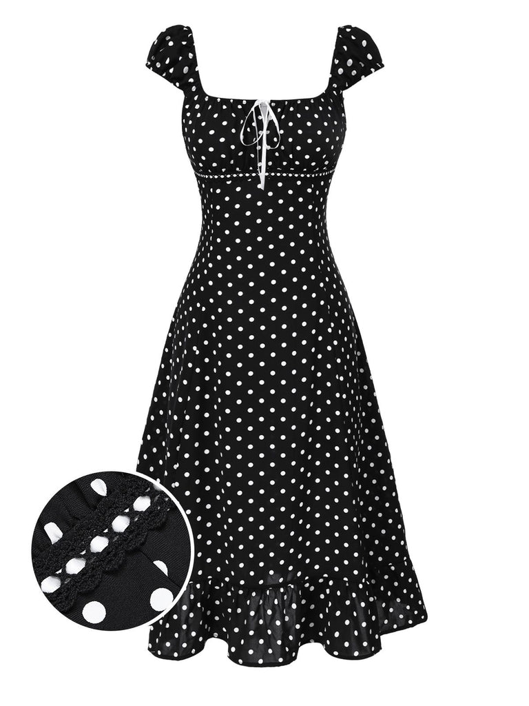 Retro Stage 1940s Polka Dot Square Neck Ruffle Midi Dress Black&White Retro Stage 1940s Polka Dot Square Neck Ruffle Midi Dress Black&White