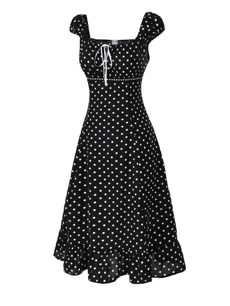 Retro Stage 1940s Polka Dot Square Neck Ruffle Midi Dress Black&White Retro Stage 1940s Polka Dot Square Neck Ruffle Midi Dress Black&White