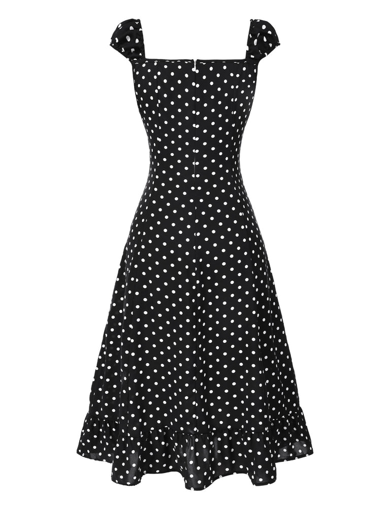 Vintage Polka Dot Square Neck Ruffle Midi Dress | Retro Stage