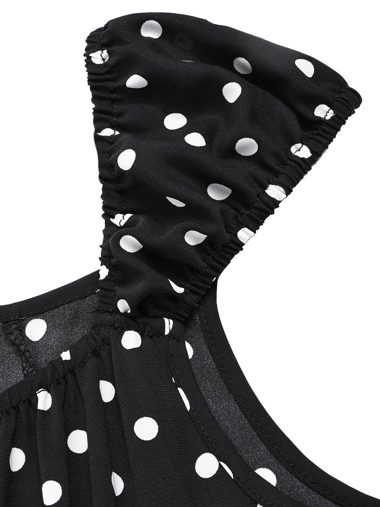 black dress mesh long sleeves 1940s Square Neck Polka Dot Ruffle Dress
