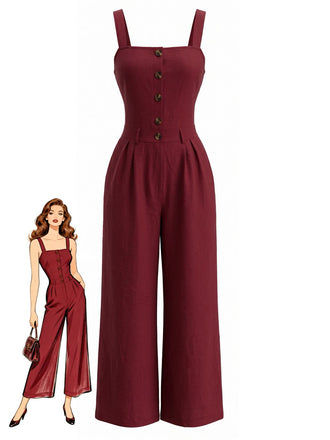 1940s Square Neck Sleeveless Buttoned Solid Jumpsuit, vintage romper, retro jumpsuit - perfect for women who love vintage and retro fashion