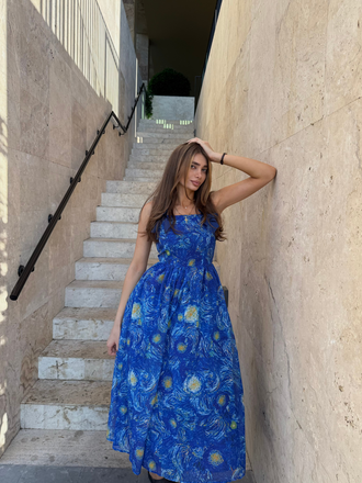 Blue 1940s Square Neck Starry Night Bow Swing Dress, vintage dress, retro fashion, rockabilly, pin-up fashion - perfect for women who love vintage and retro fashion