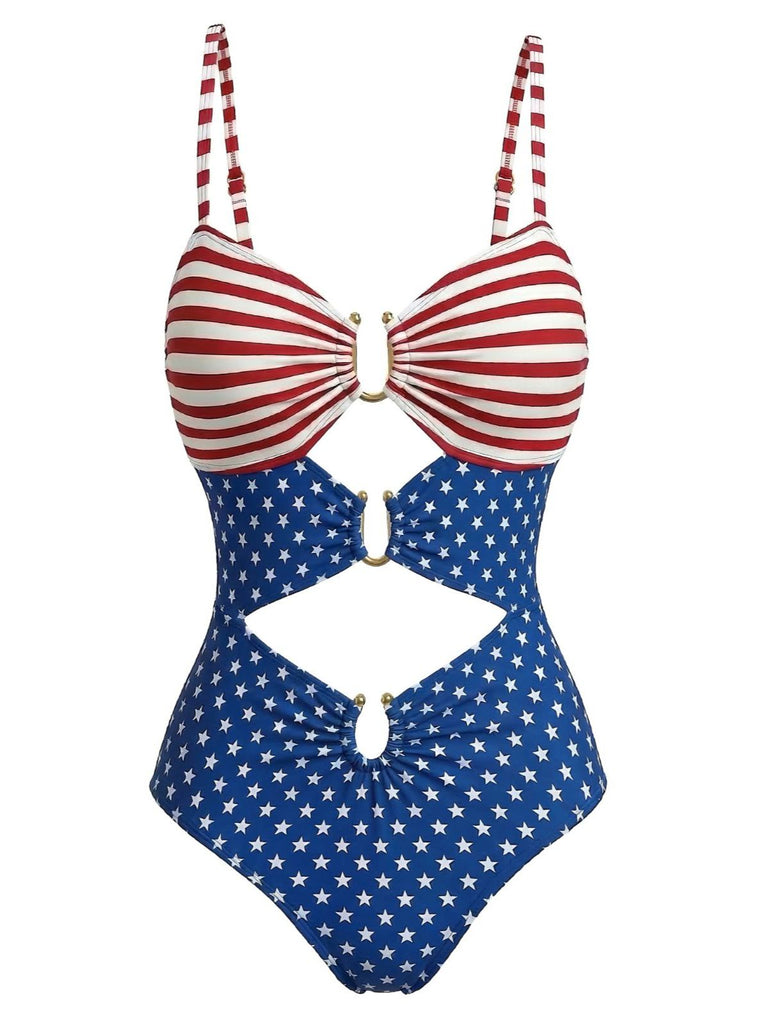 1940s Stars Striped Cutout One-Piece Swimsuit - vintage swimsuit, pin-up swimwear for vintage lovers