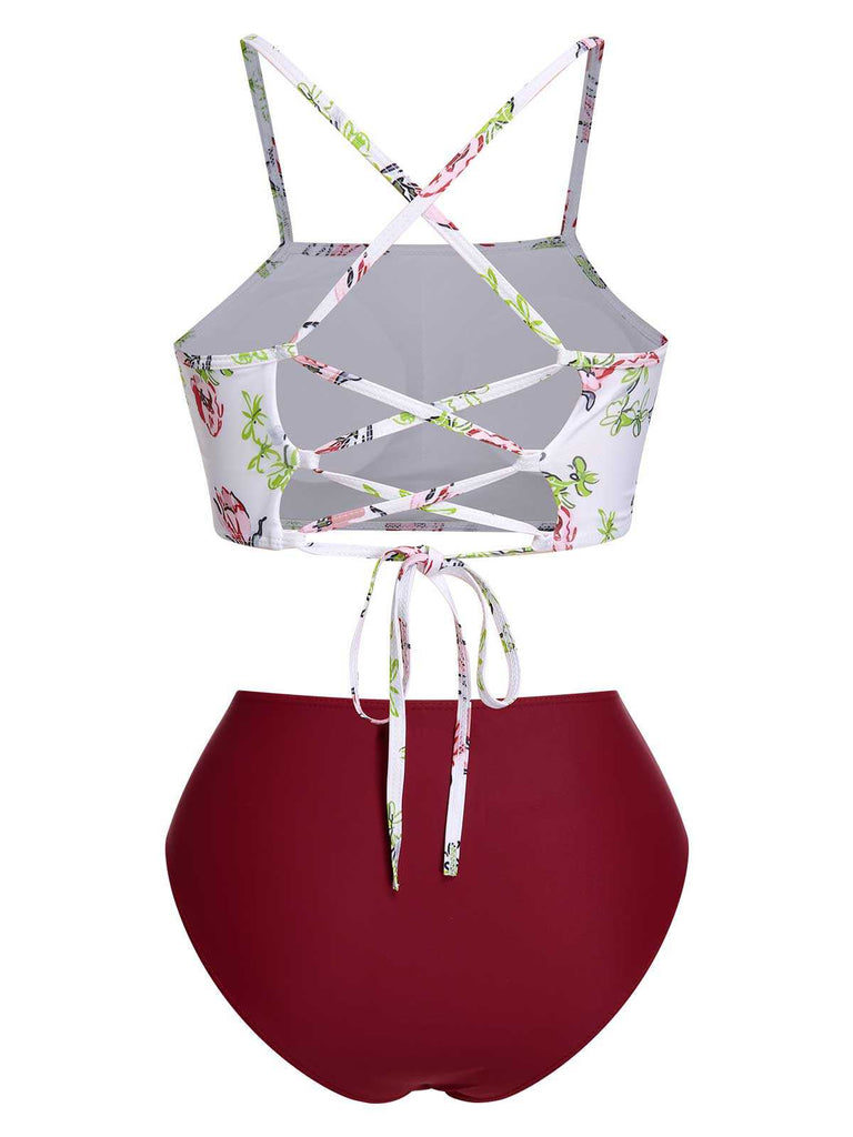 1940s Strap Contrast Floral Lace-Up Swimsuit — because 1940s glamour never goes out of style