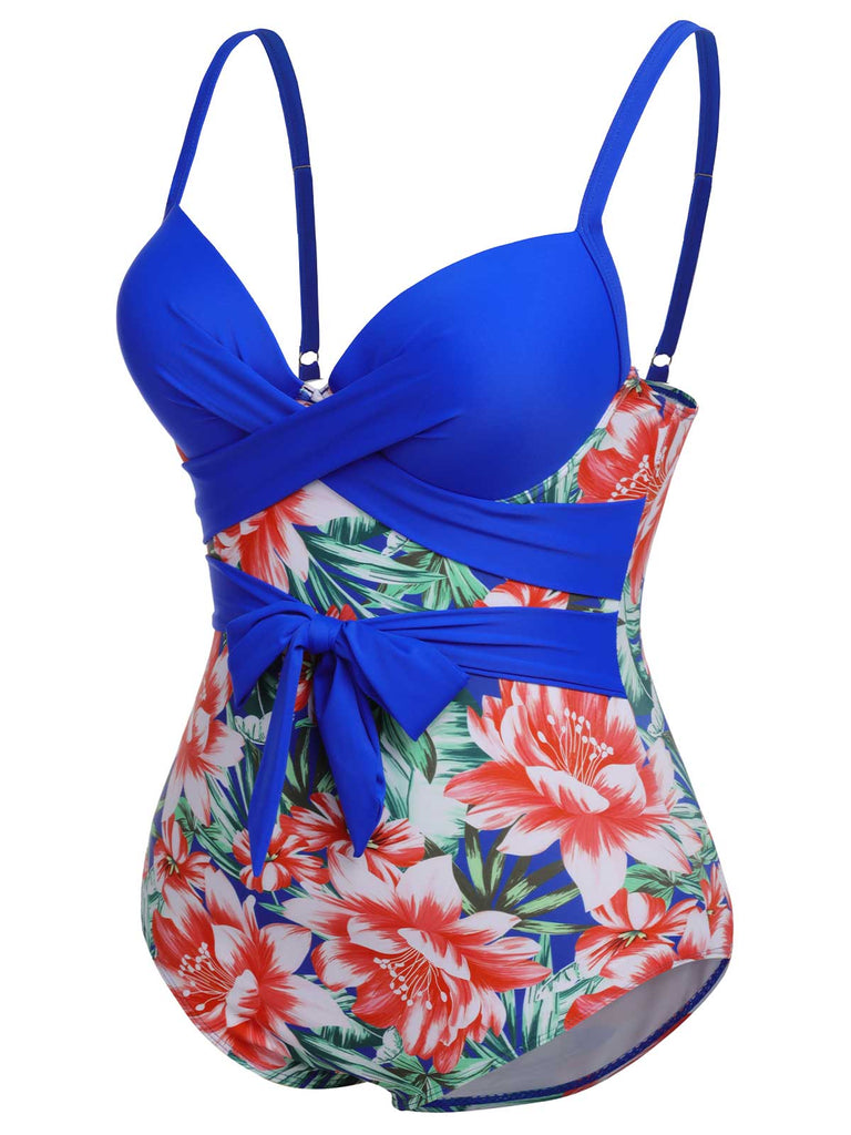 [Plus Size] 1940s Strap Flowers One-Piece Swimsuit, vintage swimsuit, pin-up swimwear - perfect for women who love vintage and retro fashion