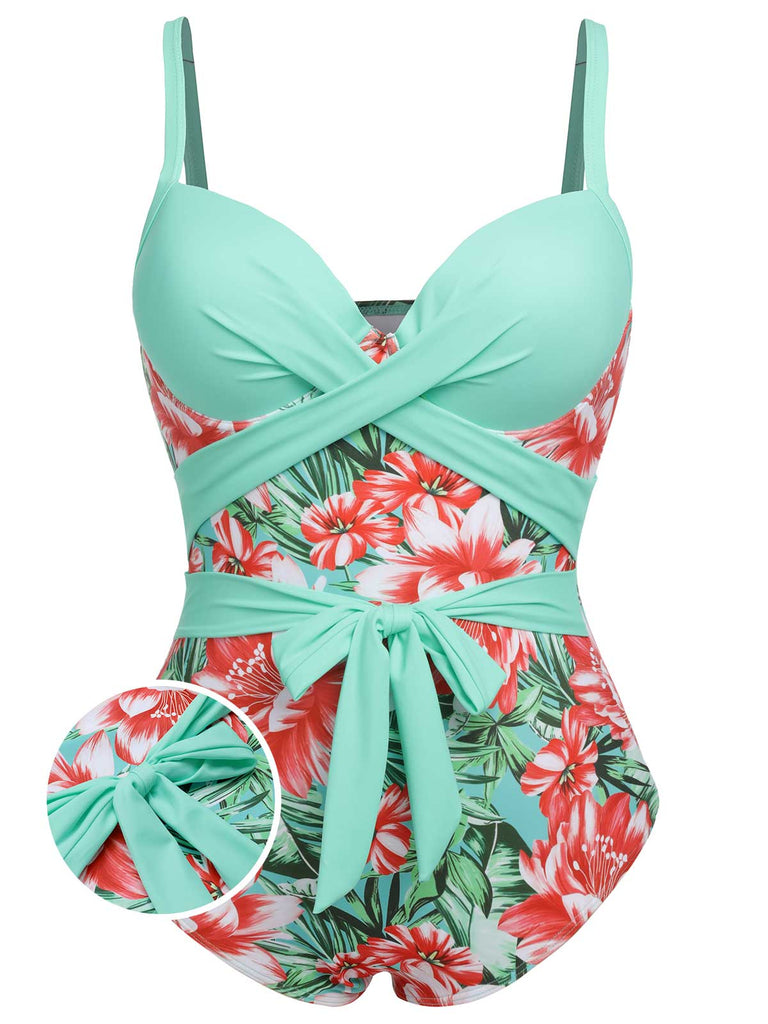 [Plus Size] 1940s Strap Flowers One-Piece Swimsuit, vintage swimsuit, pin-up swimwear - perfect for women who love vintage and retro fashion