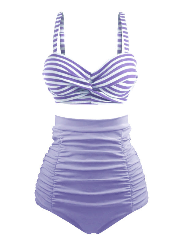 1940s Striped Colorblock Retro Bikini Set - vintage fashion, retro style