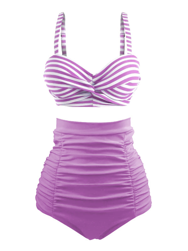 Close-up: 1940s 1940s Striped Colorblock Vintage Bikini Set, perfect for vintage themed parties and retro fashion enthusiasts