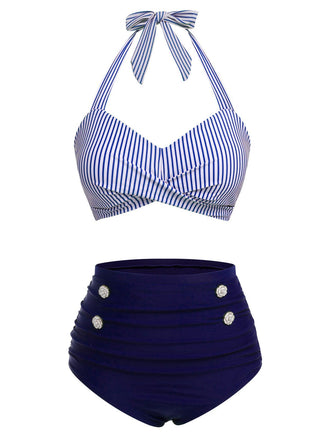 1940s Striped Halter Swimsuit Set - vintage swimsuit, pin-up style