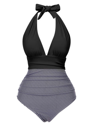 She's wearing 1940s Stripes Backless Halter Ruched Swimsuit and the whole beach remembers the 1940s