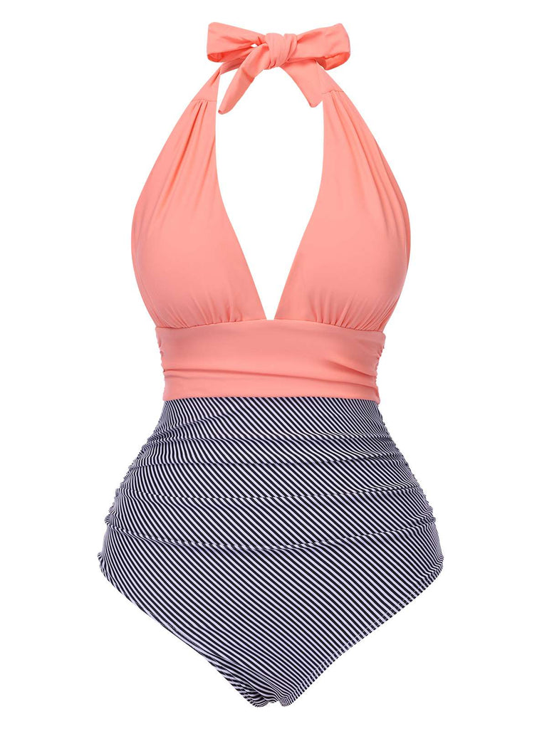 1940s Stripes Backless Halter Ruched Swimsuit — because 1940s glamour never goes out of style