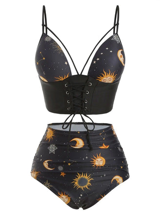 She's wearing 1940s Sun Moon Stars Lace-Up Swimsuit and the whole beach remembers the 1940s