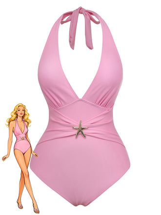 2PCS 1940s Deep V Halter Starfish One-Piece Swimsuit & Cover-Up - vintage swimsuit, pin-up style