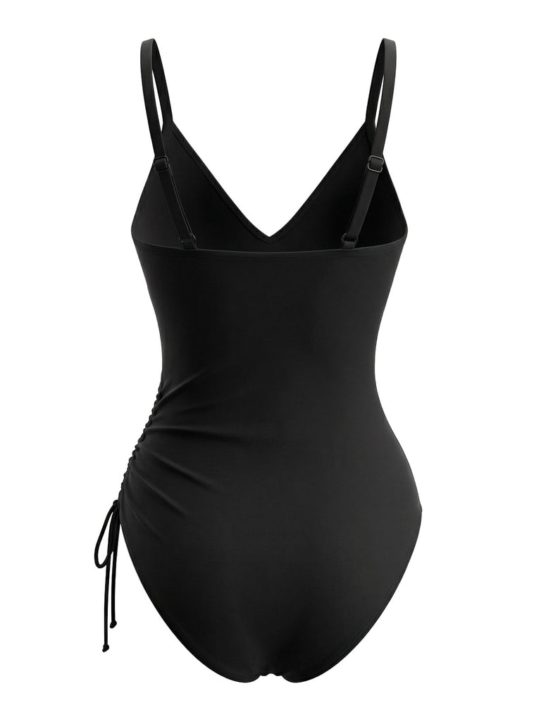 Blue 1940s Colorblock Striped Drawstring One-Piece Swimsuit - vintage swimsuit, pin-up style
