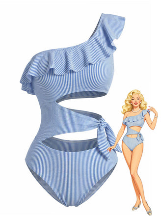 Blue 1940s Striped One-Shoulder Cutout One-Piece Swimsuit - vintage swimsuit, pin-up style