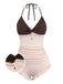 Brown & Pink 1940s Color-Block Ruffled High-Waisted Swimsuit - vintage swimsuit, pin-up style