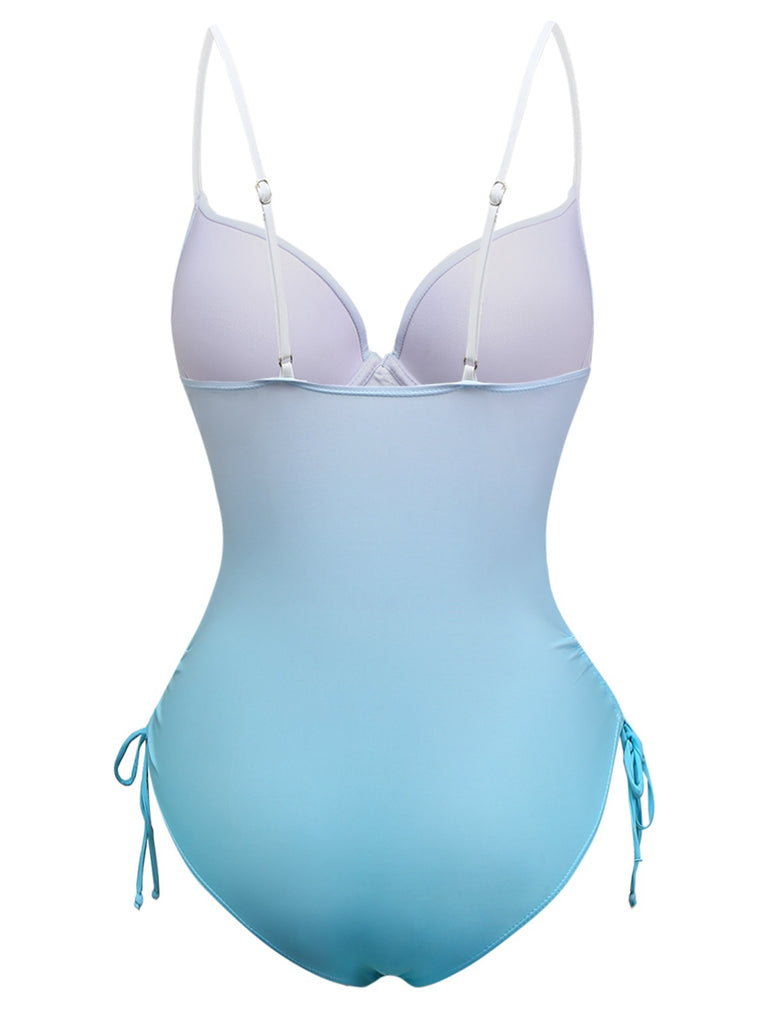 Light Blue 1940s Bow Spaghetti Strap One-Piece Swimsuit - vintage swimsuit, pin-up style