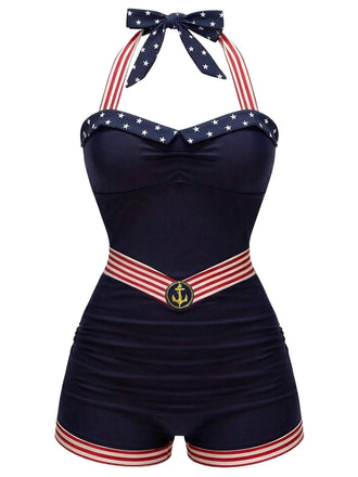 Navy Blue 1940s Lace-up Patchwork One Piece Swimsuit - vintage swimsuit, pin-up style