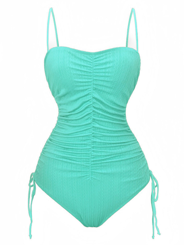 1940s Solid Ruched Spaghetti Strap One-Piece Swimsuit - vintage swimsuit, pin-up style