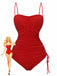 1940s Solid Ruched Spaghetti Strap One-Piece Swimsuit - vintage swimsuit, pin-up style