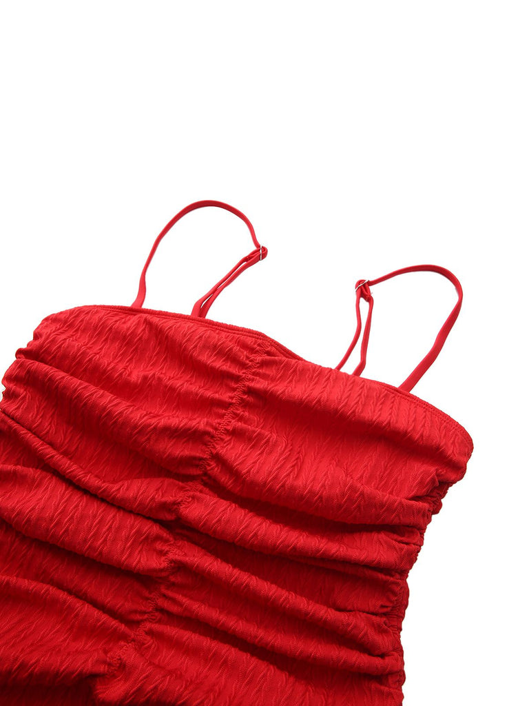1940s Solid Ruched Spaghetti Strap One-Piece Swimsuit - vintage swimsuit, pin-up style