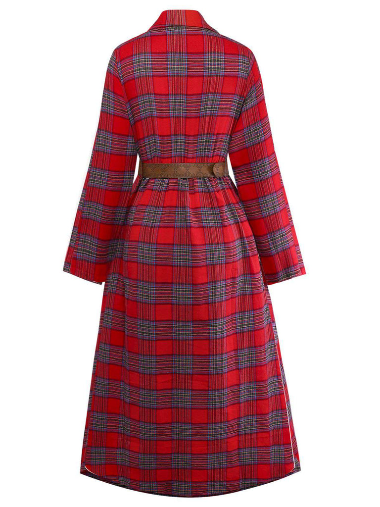 1940s Tartan Plaid Long Sleeve Belted Shirt Dress - vintage dress, retro fashion