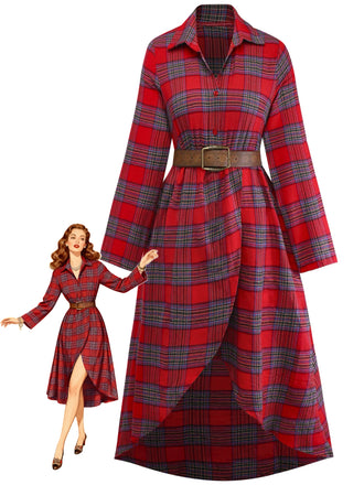 She slips into this 1940s Tartan Plaid Long Sleeve Belted Shirt Dress and suddenly it's a 1940s daydream
