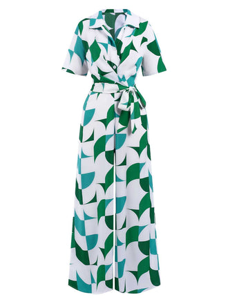 She adds this 1940s V-Neck Contrast Print Belted Jumpsuit and suddenly it's 1940s perfection